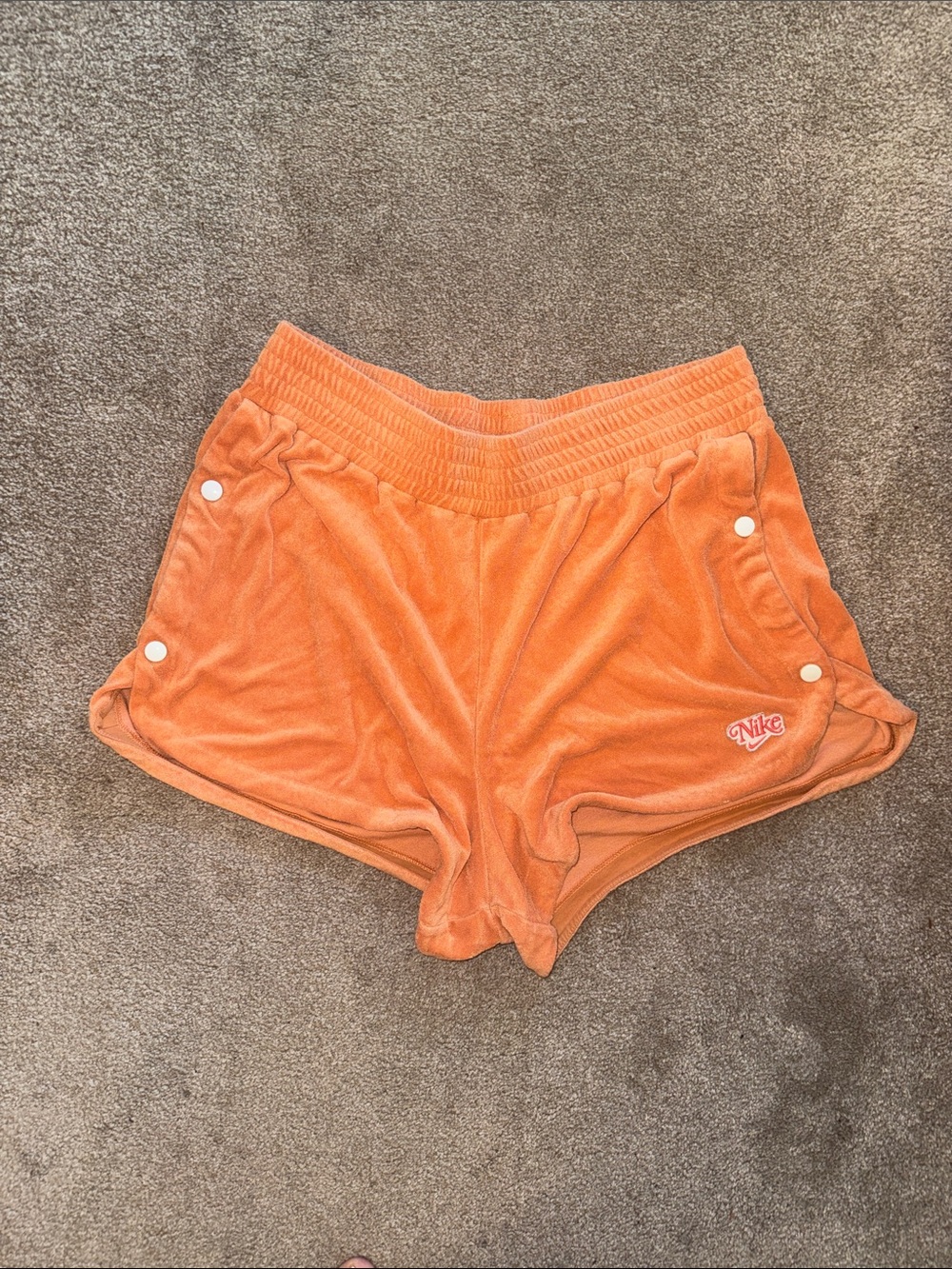 Nike Women's Orange Terry Athletic Shorts with Snap Details